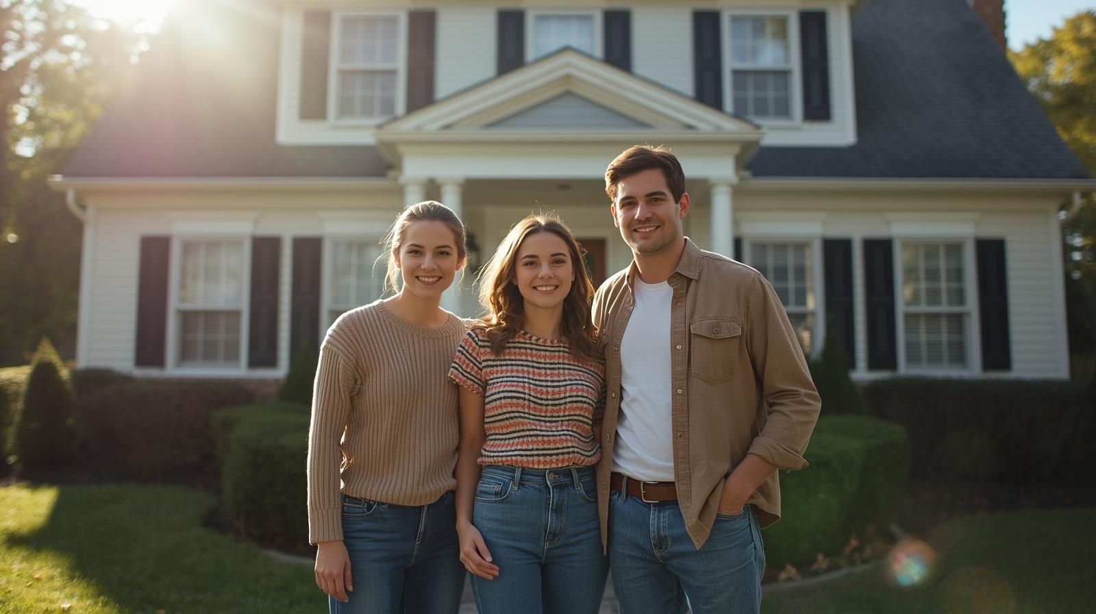 Young family standing in front of their new colonial home in Paramus NJ, representing a successful move guided by North Jersey’s First AI-Certified Realtor Johnny Rodriguez.