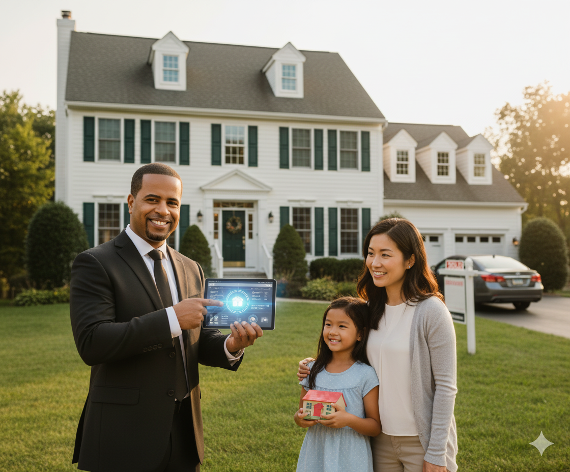 Johnny Rodriguez, North Jersey’s First AI-Certified Realtor, guiding new homeowners in front of a $1.1M Paramus NJ colonial, representing smart strategy and timing in today’s housing market.