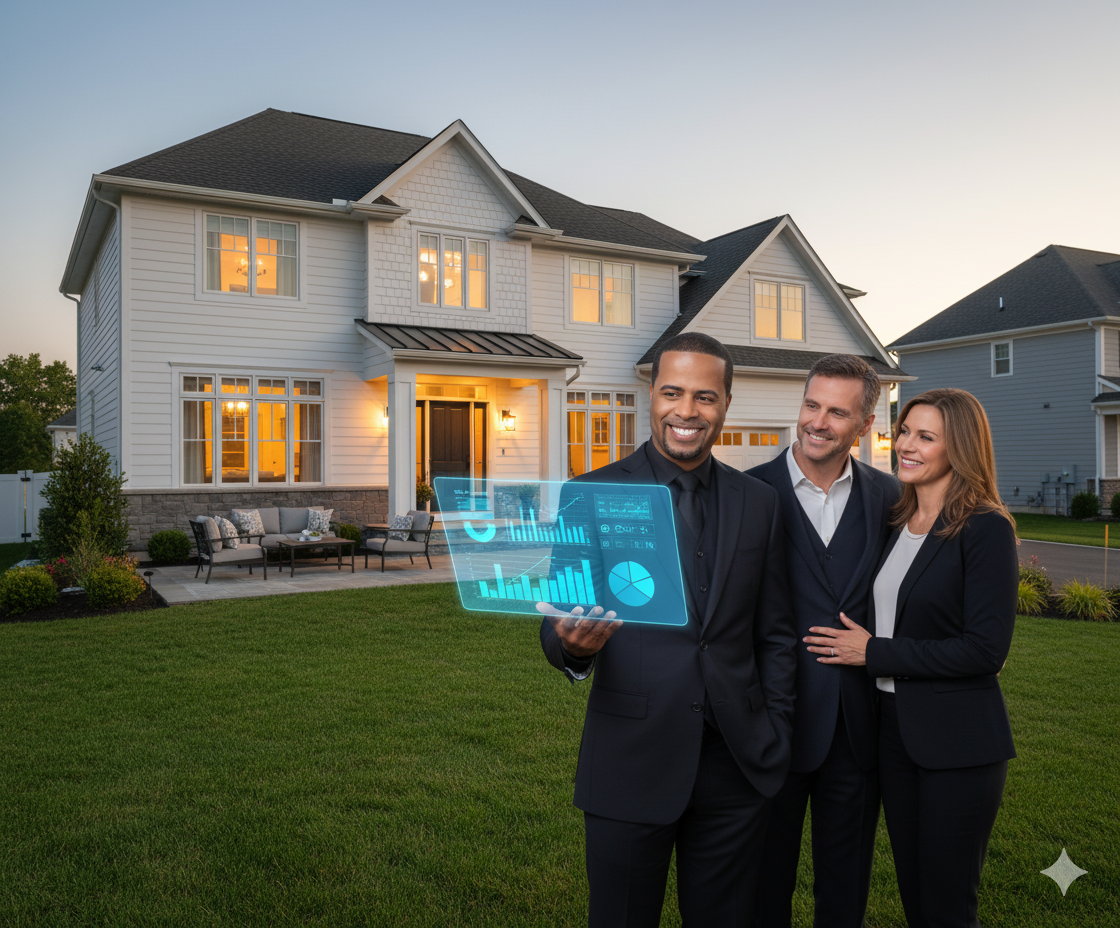 Johnny Rodriguez, North Jersey’s First AI-Certified Realtor, reviewing AI-driven home sale analytics with Paramus NJ homeowners after selling their property above asking price.