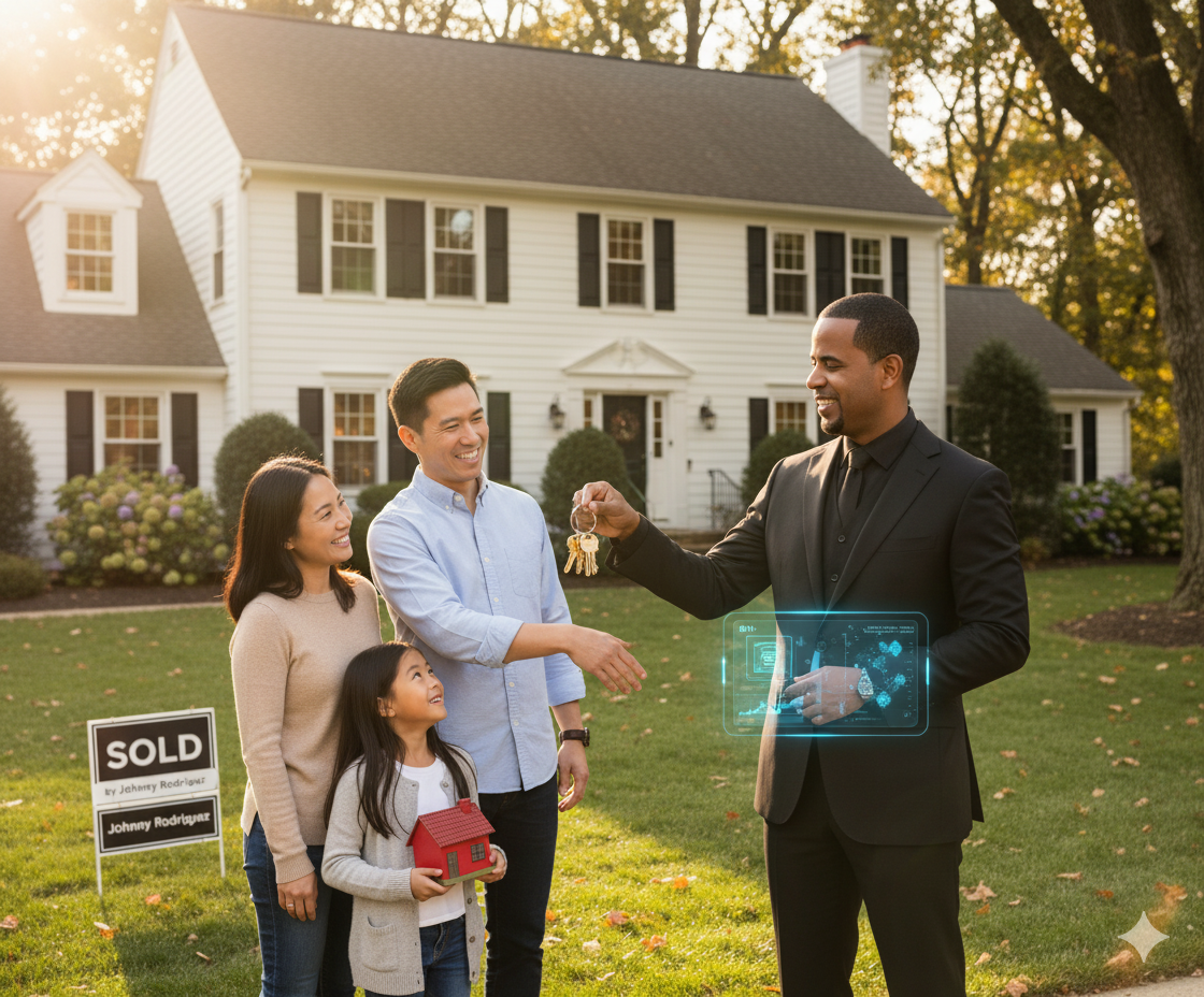Johnny Rodriguez, North Jersey’s First AI-Certified Realtor, handing keys to a family in front of their new Paramus NJ home after saving thousands through lower property taxes and data-driven buying strategy.