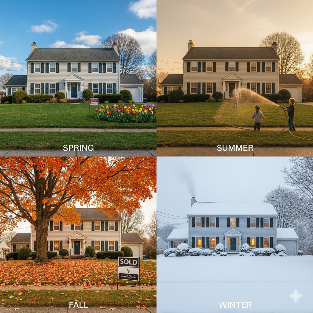 Seasonal view of homes for sale in Paramus NJ showing spring to winter scenes, symbolizing the best time to buy a house with guidance from North Jersey&rsquo;s AI-Certified Realtor Johnny Rodriguez.