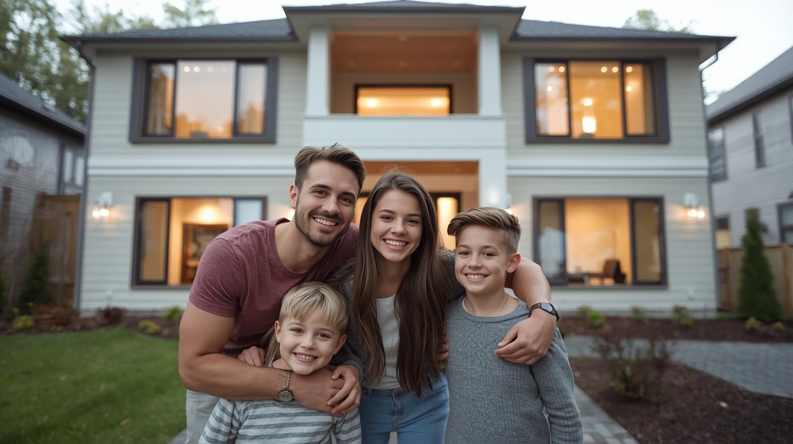 Happy family standing in front of their newly built colonial home near Van Saun Park in Paramus NJ, celebrating their dream home purchase with Johnny Rodriguez, North Jersey’s First AI-Certified Realtor.
