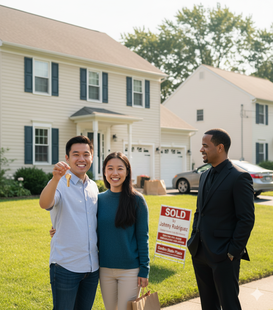 Happy homebuyers celebrating their new Paramus NJ home near Garden State Plaza with Realtor Johnny Rodriguez after a successful purchase.