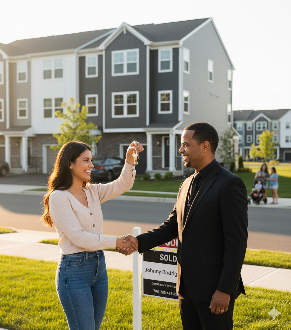Happy homebuyers celebrating the purchase of a new Paramus townhome with their Realtor, showcasing success through AI-driven real estate strategy.