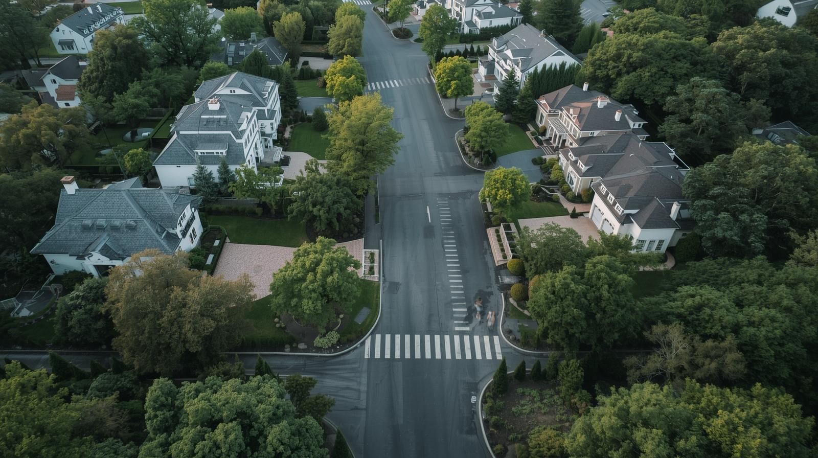 Aerial view of newly built luxury homes in Paramus NJ with tree-lined streets and spacious lots, showcasing peaceful upscale neighborhoods.