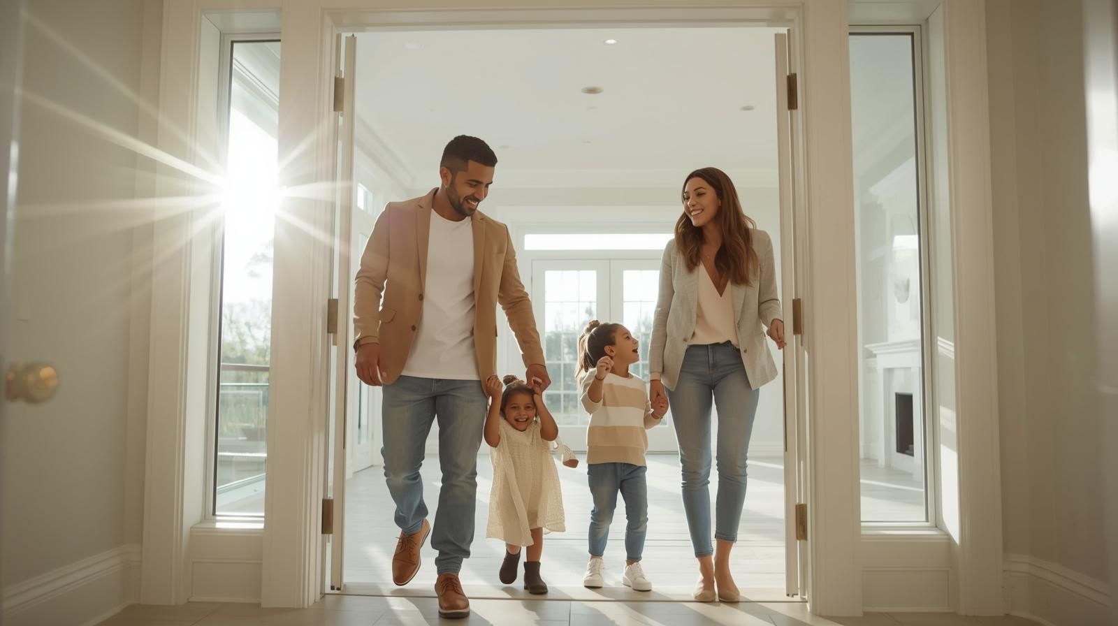 Happy family walking into a newly built modern home in Paramus NJ with open-concept design, hardwood floors, and smart home features.