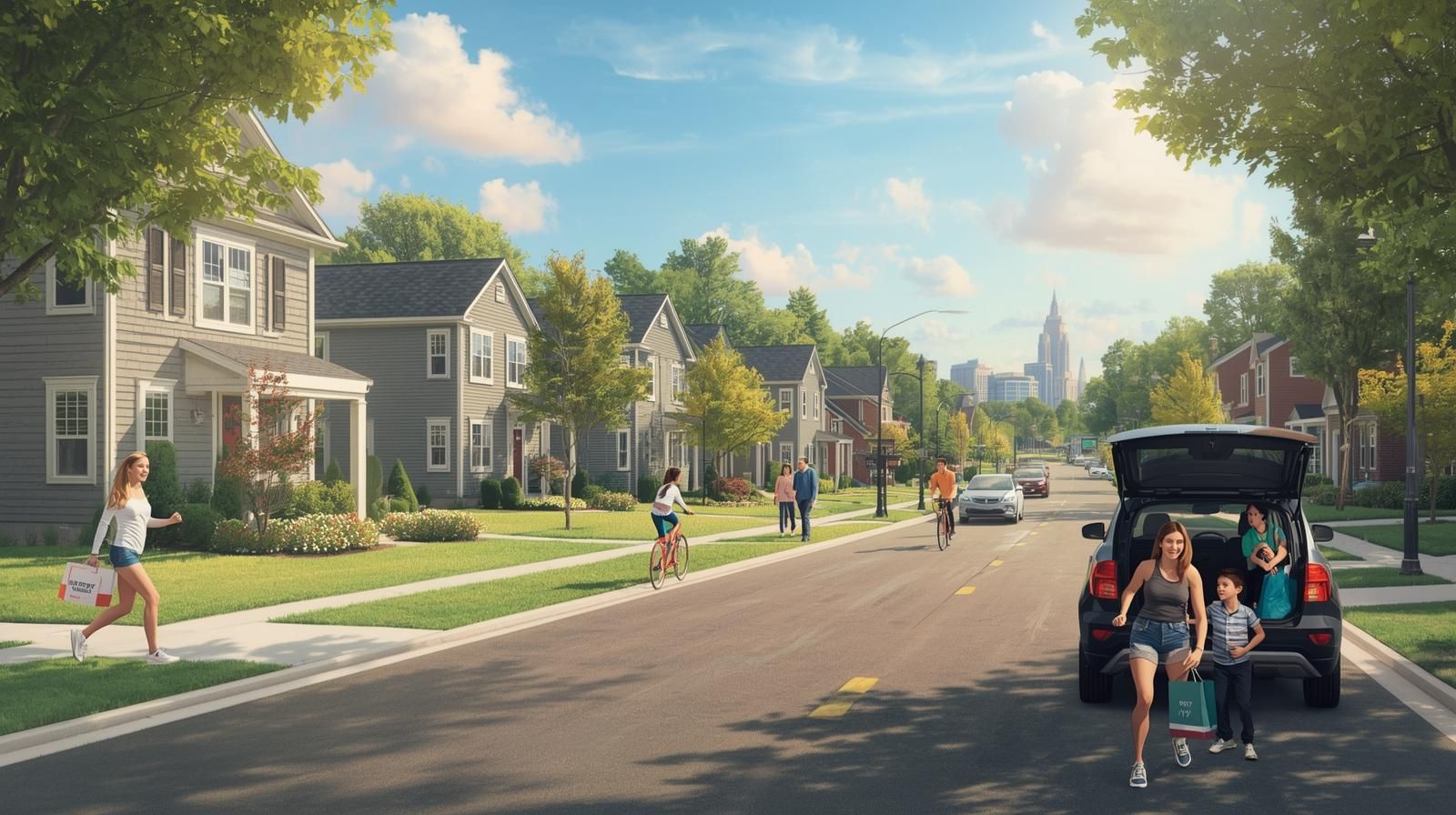 Suburban neighborhood near Garden State Plaza in Paramus NJ showing residents enjoying easy access to shopping, dining, and commuting convenience.