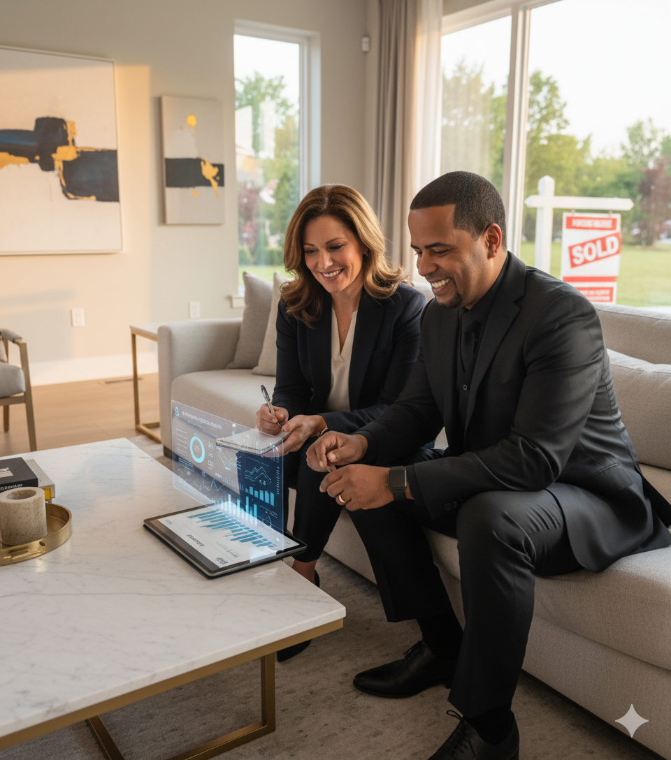 Realtor guiding clients through real estate investment opportunities near Garden State Plaza in Paramus NJ using AI-powered market analytics.