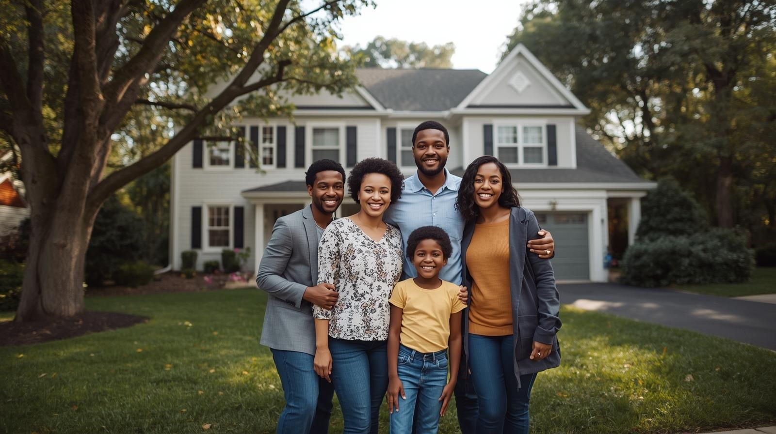 Young family standing in front of their new Paramus NJ colonial home near Van Saun Park, celebrating their successful move guided by North Jersey’s First AI-Certified Realtor Johnny Rodriguez.