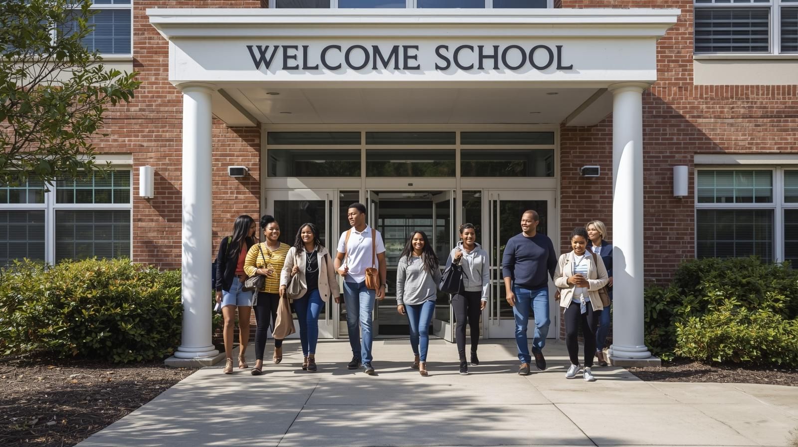 Parents and students outside a Paramus NJ public school on a sunny morning, showcasing family involvement and the strong academic reputation of the Paramus school district.