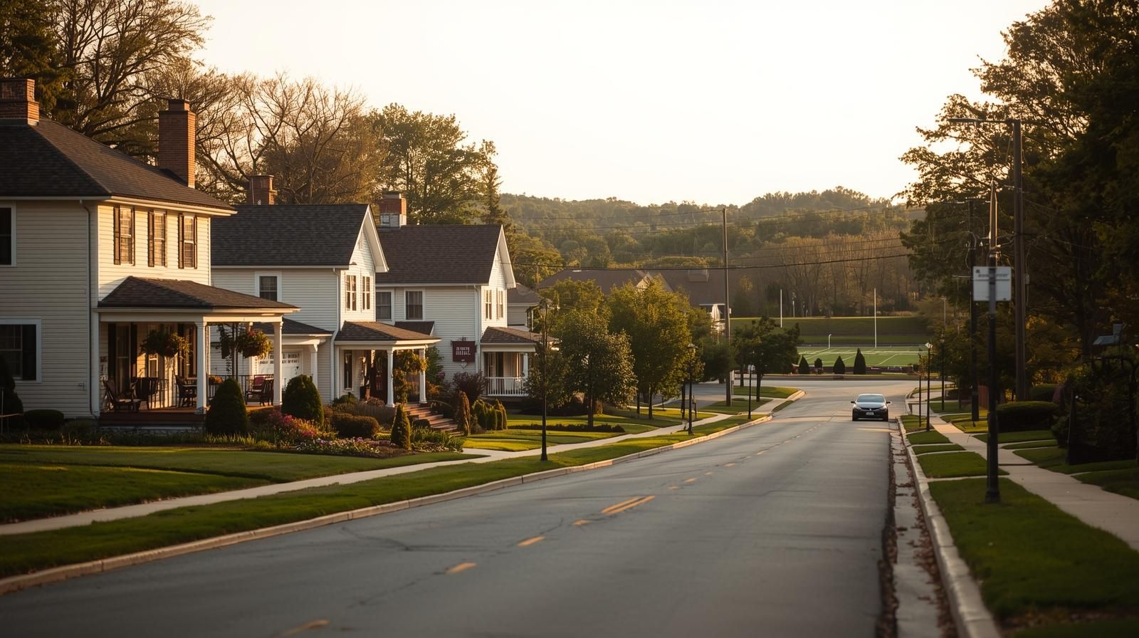 Quiet suburban street with colonial homes near Paramus High School in New Jersey, reflecting family-friendly living and community pride.