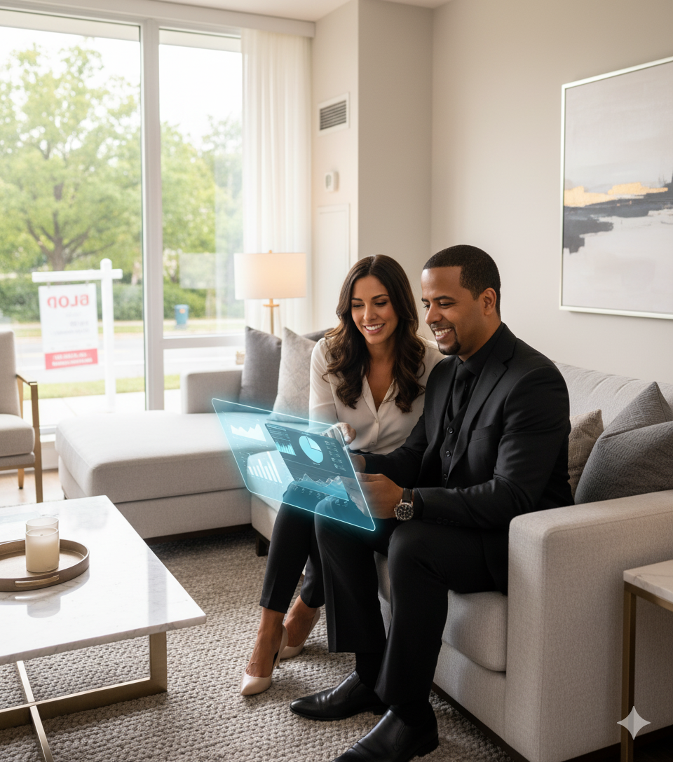 Realtor and client discussing Paramus condos and townhomes investment strategy using real estate data and market analytics for smart buying decisions.