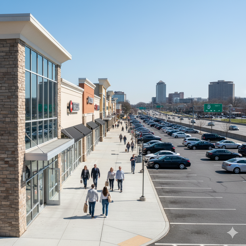 Retail property along Route 17 in Paramus NJ representing increased profitability and stable tenant retention achieved through strategic lease adjustments under Blue Laws.