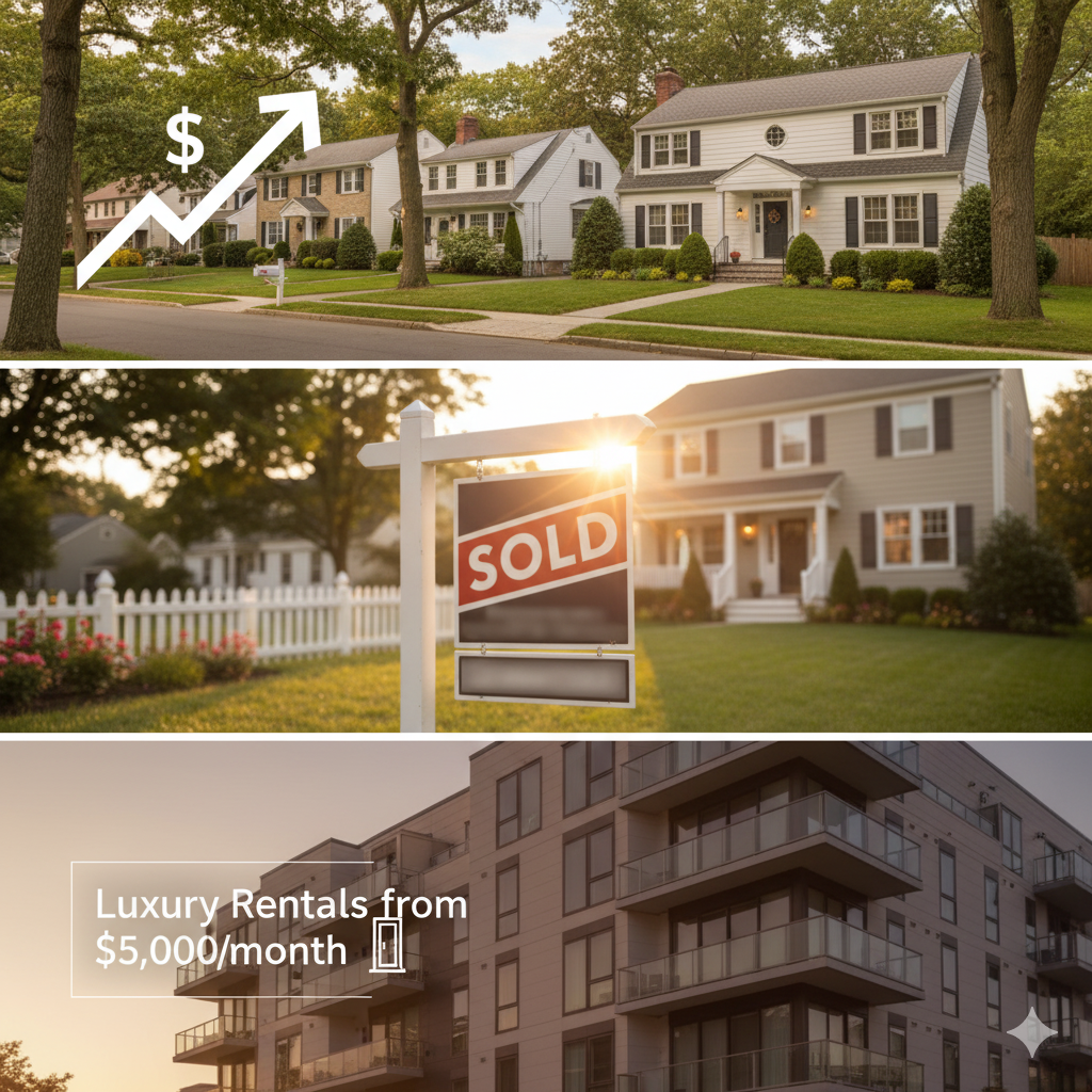 Street view of Paramus homes with a sold sign and luxury apartment complex in the background, illustrating rising home values, limited inventory, and strong rental demand in the 2025 Paramus housing market.