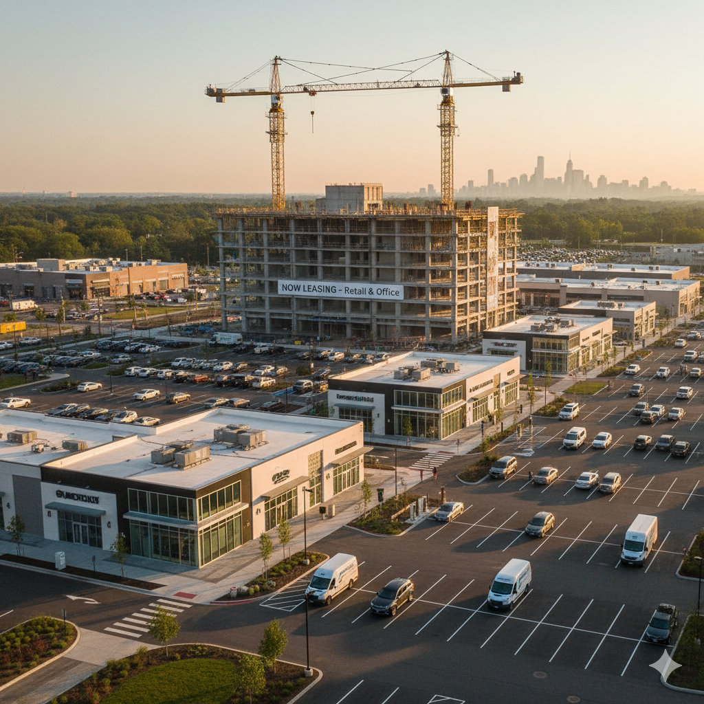 Modern commercial development in Paramus NJ with new retail and office buildings symbolizing 2026 investment growth, e-commerce expansion, and business opportunities for owners and investors.