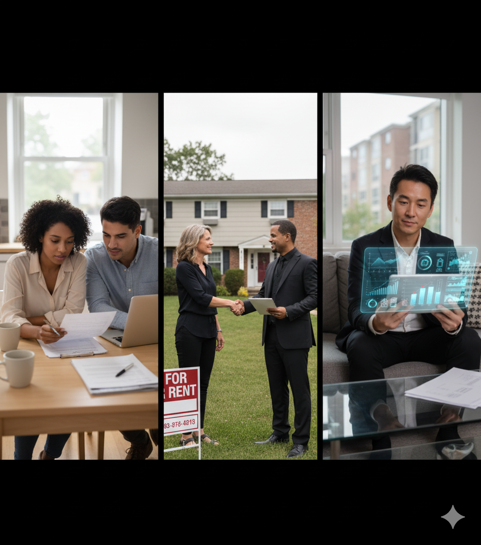 Visual representation of renters preparing applications, a landlord partnering with a realtor, and an investor reviewing Paramus rental opportunities to illustrate best practices in the 2025 rental market.