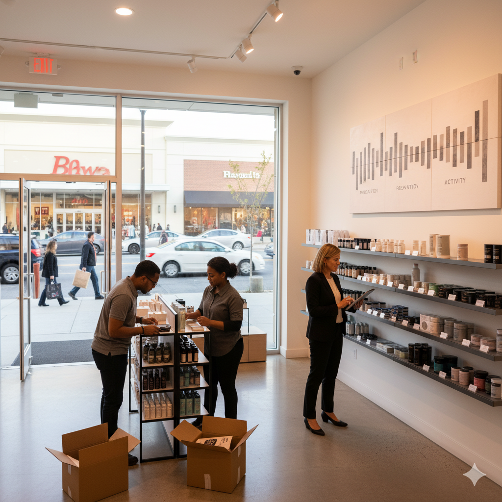 Paramus NJ business owner preparing retail space for the week, symbolizing strategic adaptation to Blue Laws through efficient operations, steady foot traffic, and premium lease value.