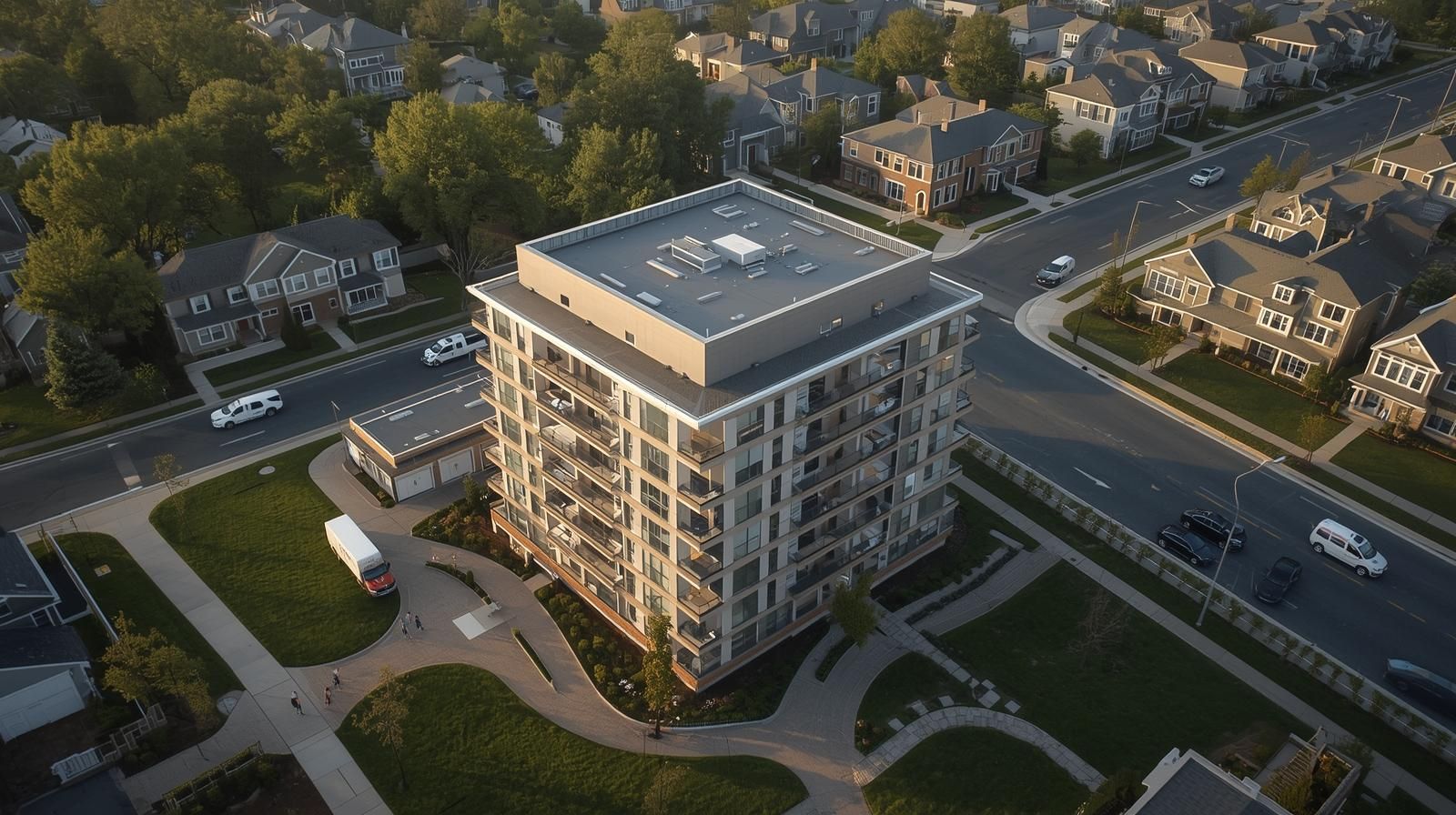 Aerial view of Paramus NJ showing luxury apartments and suburban homes that reflect 2025 rental market trends driven by limited inventory, relocations, and lifestyle changes.