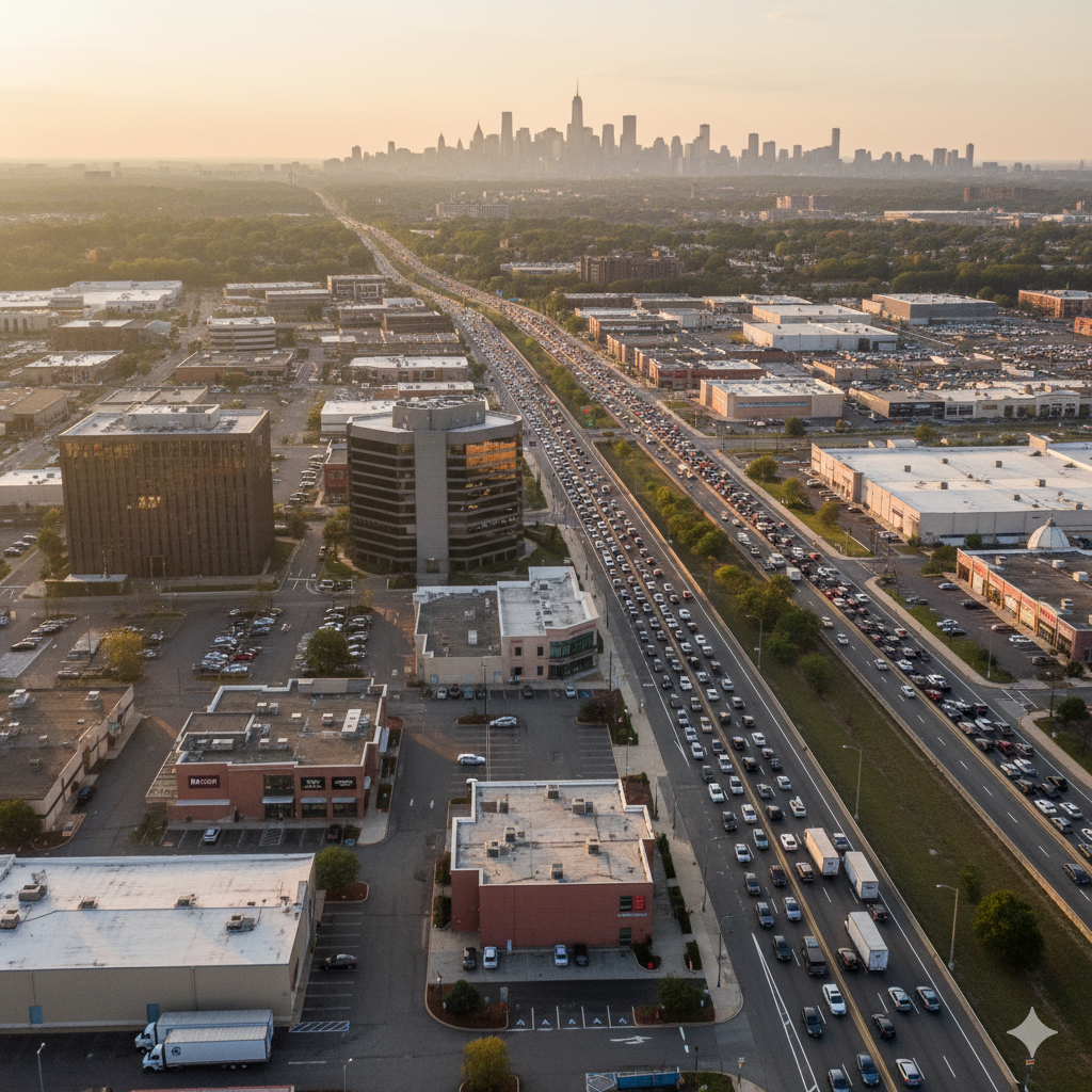 Aerial view of Paramus, NJ showing busy commercial corridors along Routes 17 and 4 with retail plazas, office buildings, and industrial sites representing strong 2025 market demand and long-term investment growth.