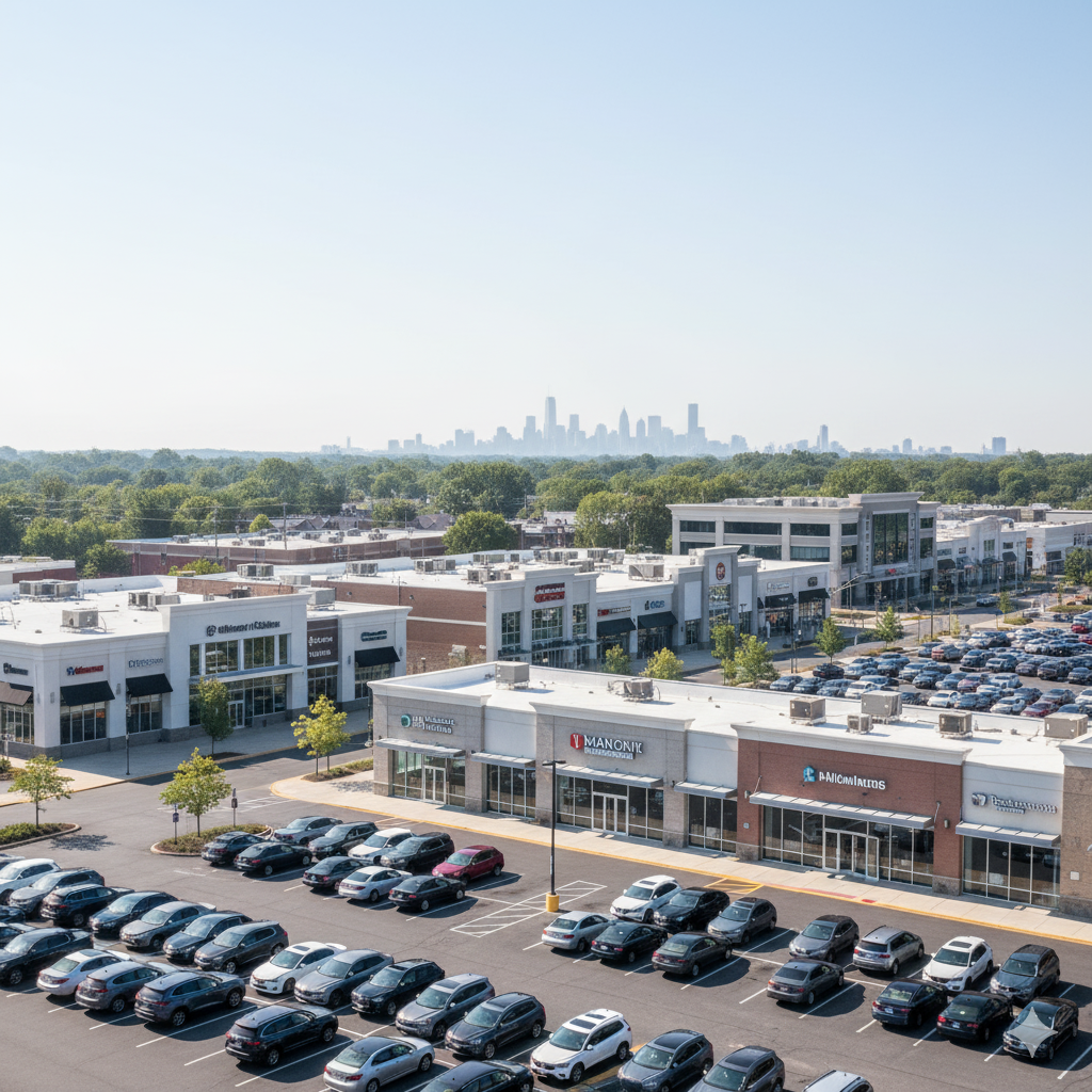 Busy retail plaza along Route 17 in Paramus NJ symbolizing stable commercial property values, low vacancy rates, and consistent investor returns maintained under the Blue Laws.