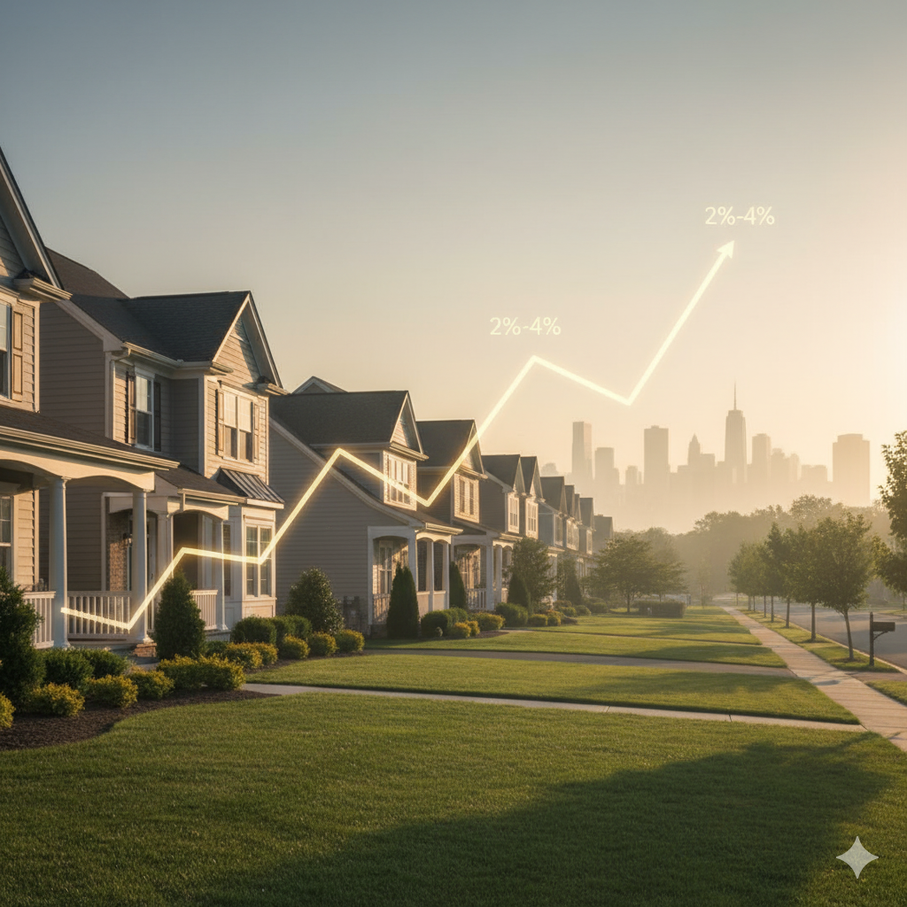 A sunrise view over upscale Paramus homes symbolizing steady 2026 real estate appreciation, limited inventory, and emerging buyer trends in the North Jersey housing market.