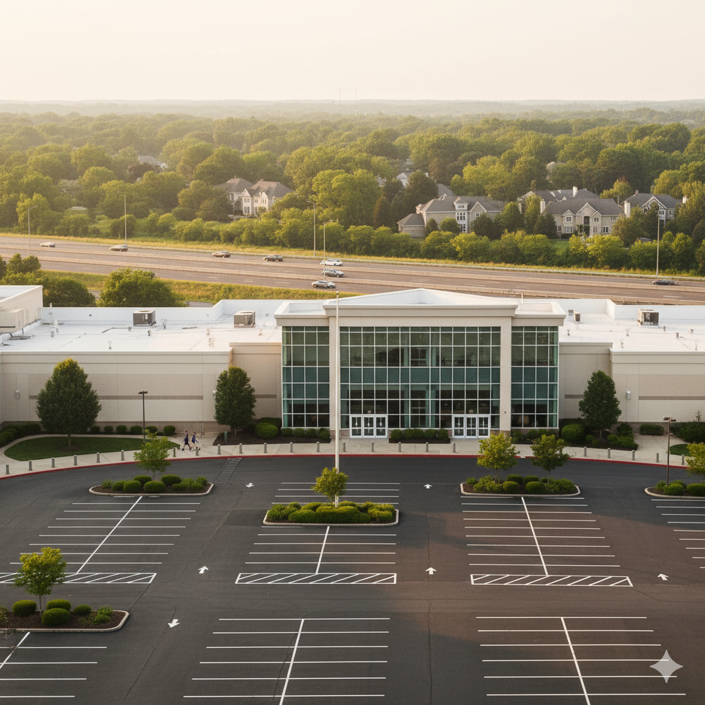 Quiet Sunday morning in Paramus NJ showing closed retail stores along Route 17 and nearby peaceful neighborhoods, representing how Blue Laws balance commercial zoning and community lifestyle.
