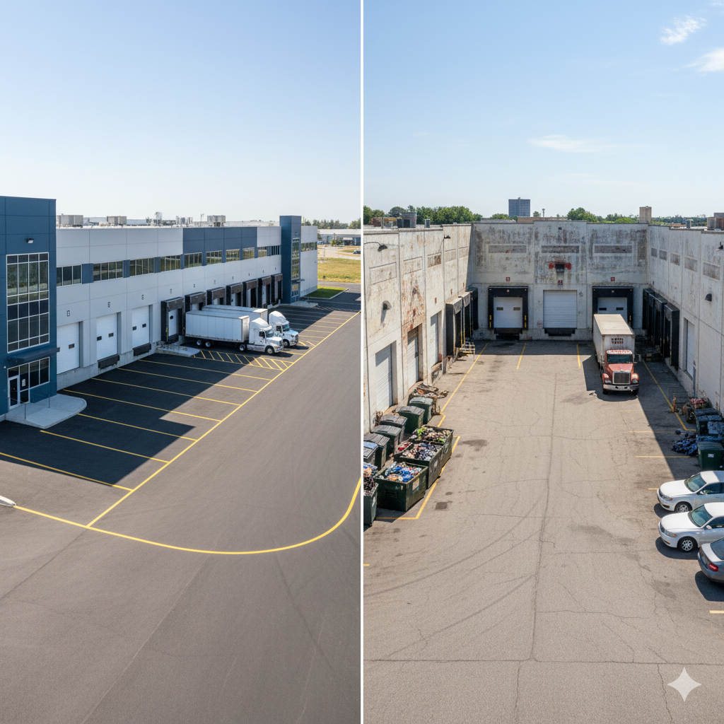 Side-by-side comparison of a modern Paramus warehouse with new loading docks and an older industrial facility with limited truck access.