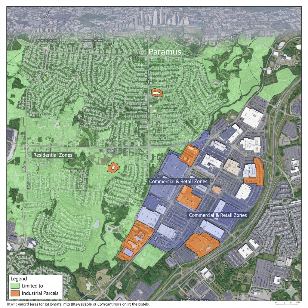 Map of Paramus NJ showing residential zones, commercial and retail zones, and limited industrial parcels highlighted along Route 17 and Route 4