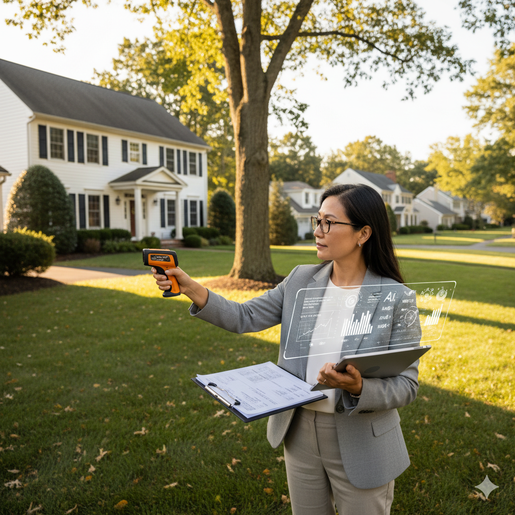 Paramus home appraiser using digital tools to assess property value in Bergen County.