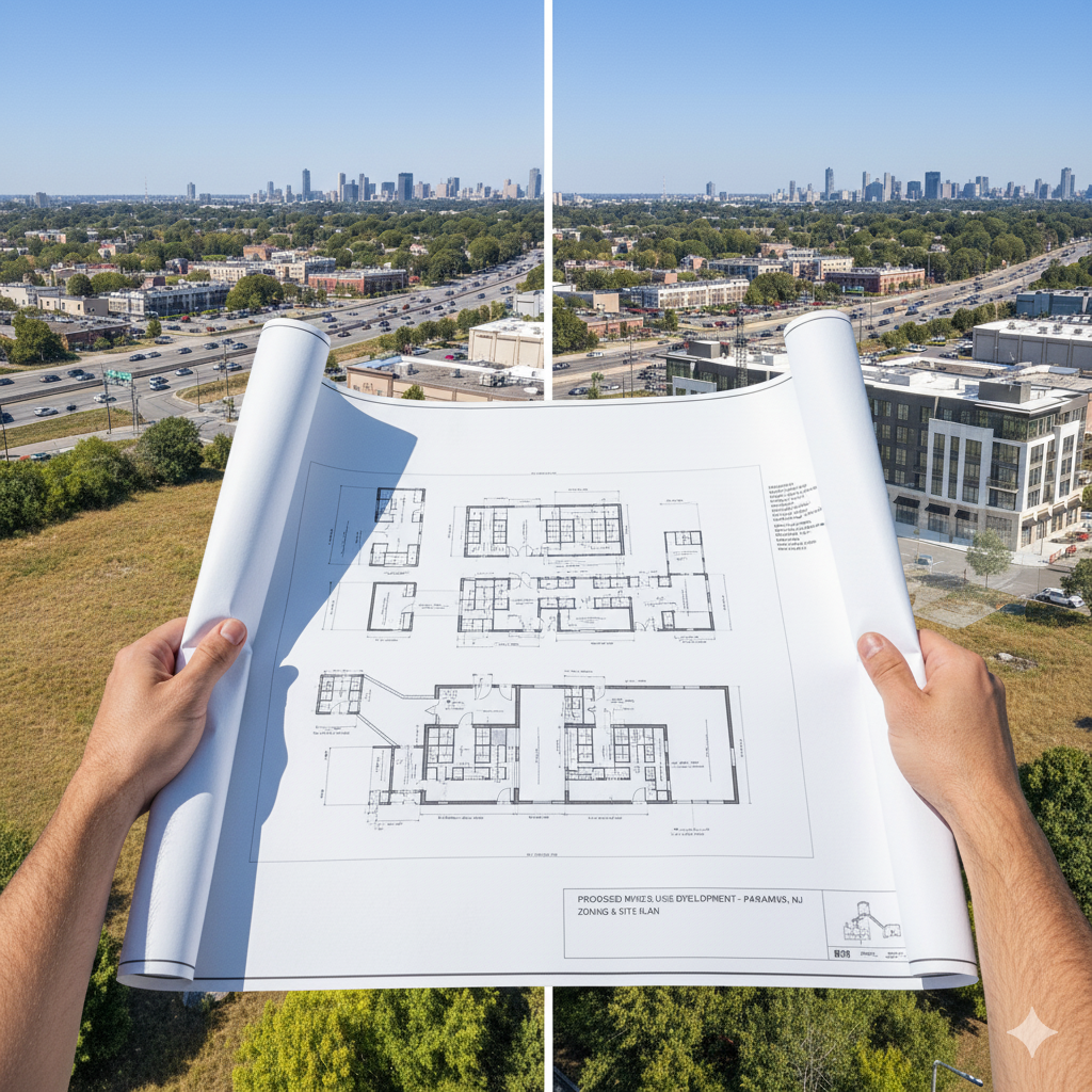 Hands holding mixed use development blueprints over a vacant Paramus NJ lot with commercial buildings and Route 17 in the background.