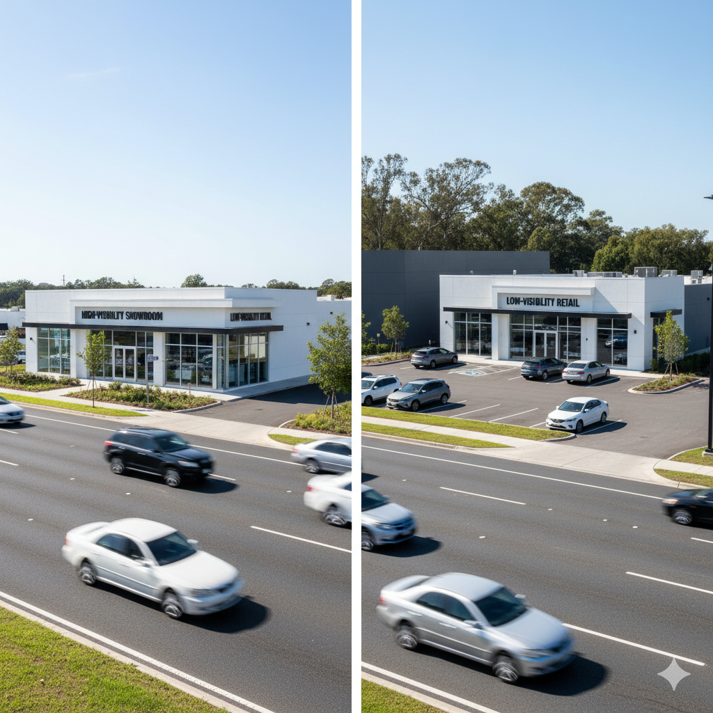 Side by side comparison of high visibility and low visibility retail storefronts along a busy highway.