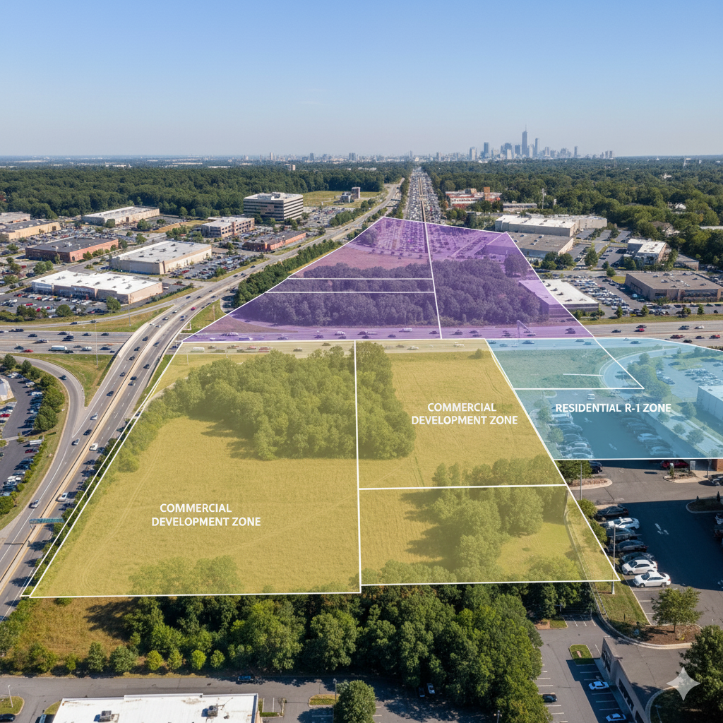 Aerial view of Paramus NJ showing highlighted zoning districts for commercial development and residential R-1 areas along Route 17.