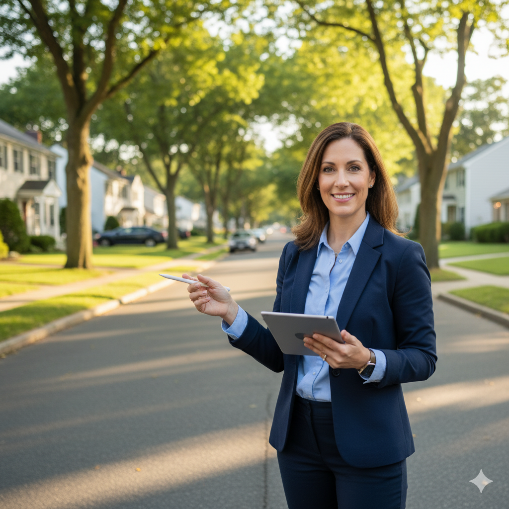 Local Paramus mortgage lender standing on a Bergen County neighborhood street reviewing home loan options on a tablet.