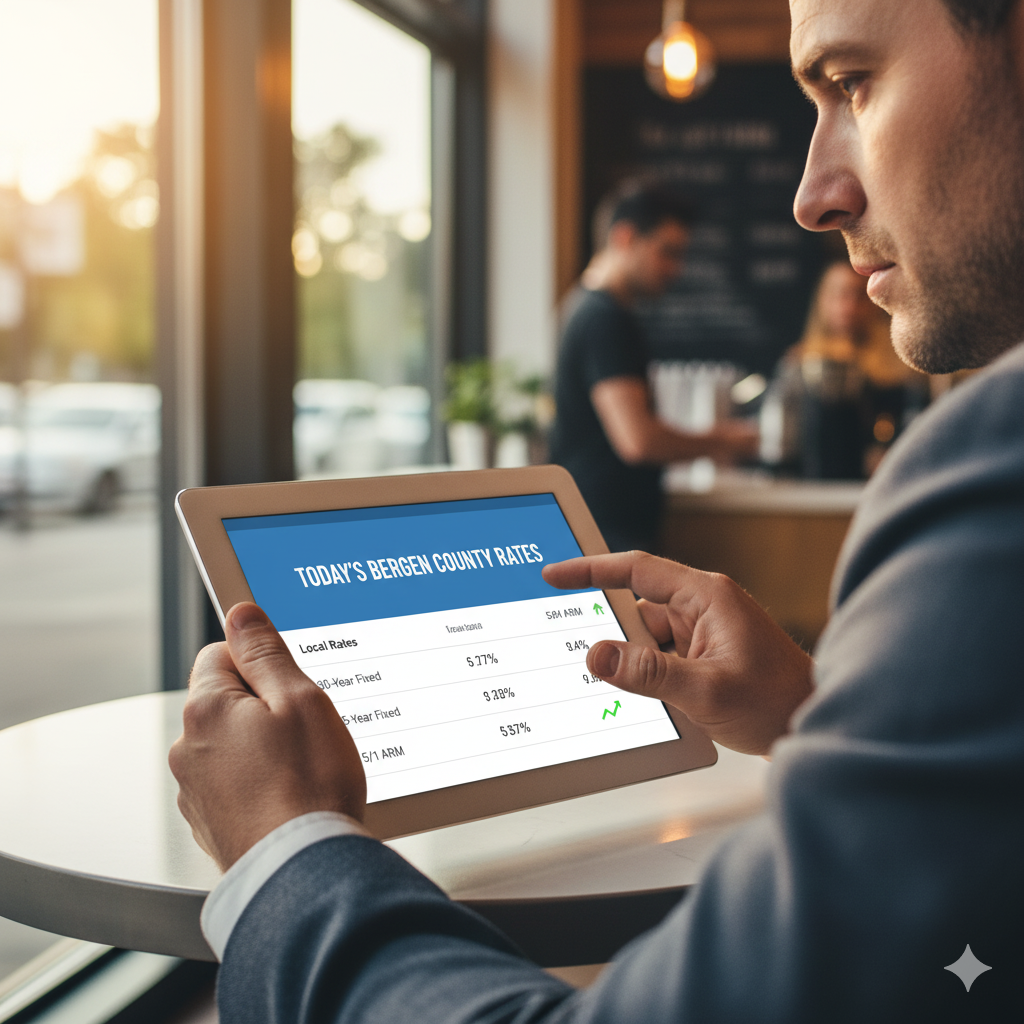 Man reviewing today’s Bergen County mortgage rates on a tablet inside a café.