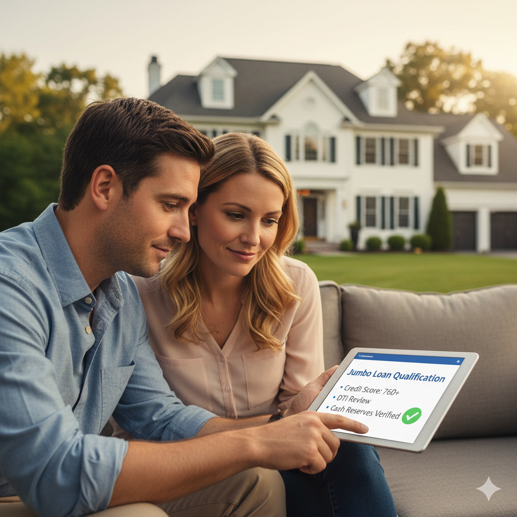 Couple reviewing jumbo loan qualification on tablet in front of luxury Paramus home.