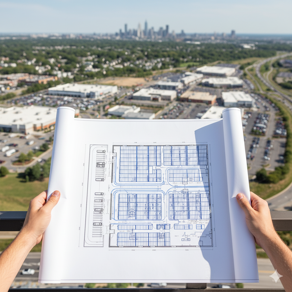 Hands holding a warehouse site plan over an aerial view of Paramus NJ industrial and commercial corridors.