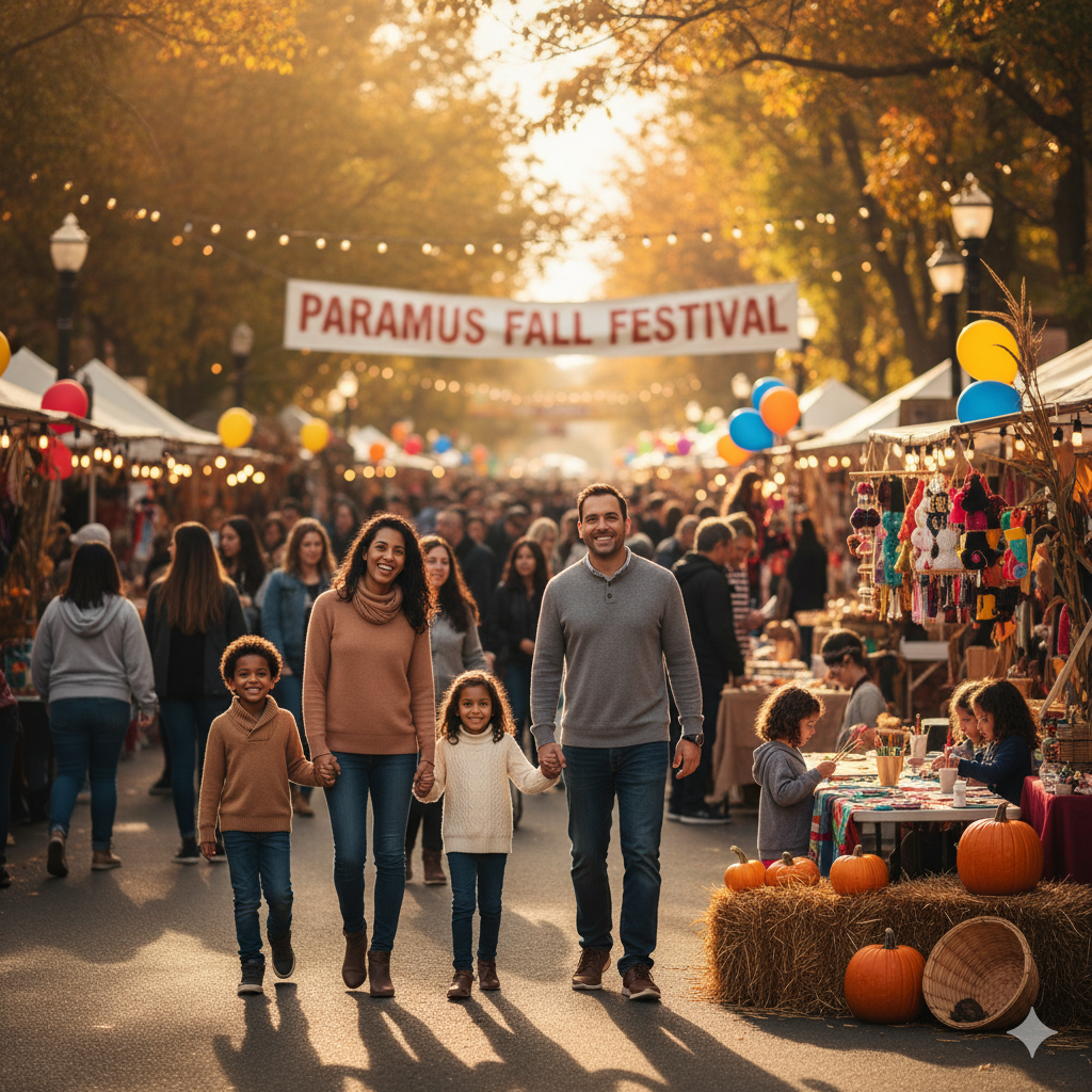 Family walking through the Paramus Fall Festival surrounded by vendors, pumpkins, and community activities.