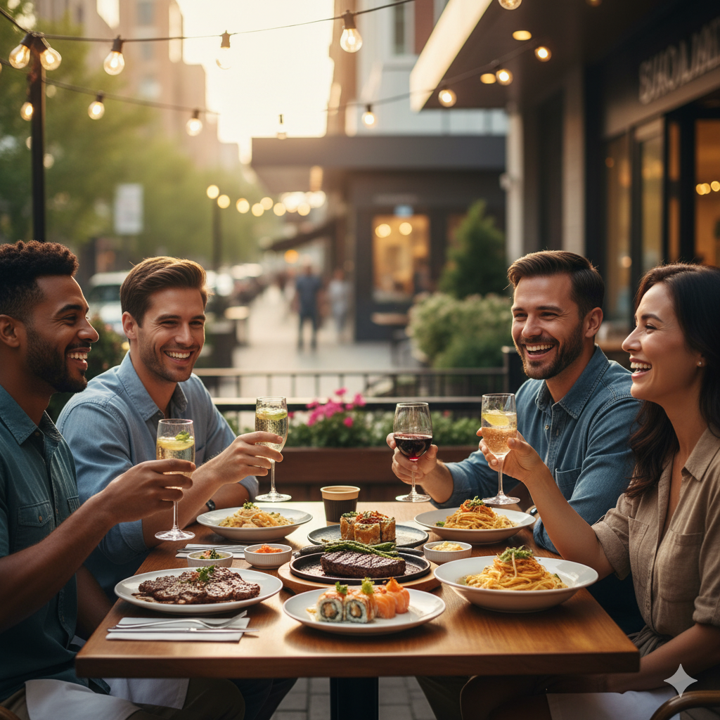 Paramus dining scene: Happy couple enjoying diverse upscale food options in a relaxed setting.