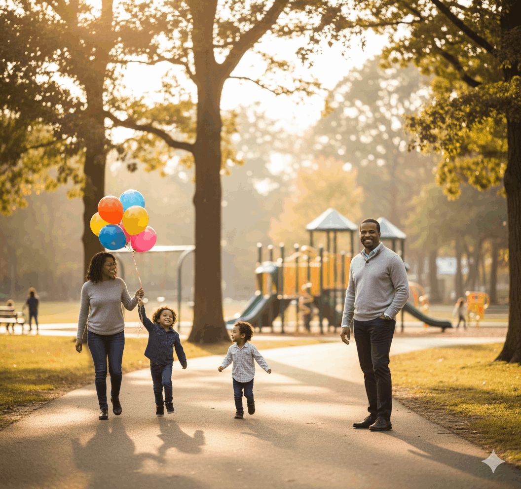 Family enjoying a sunny weekend at a Paramus playground with children playing and parents walking together.
