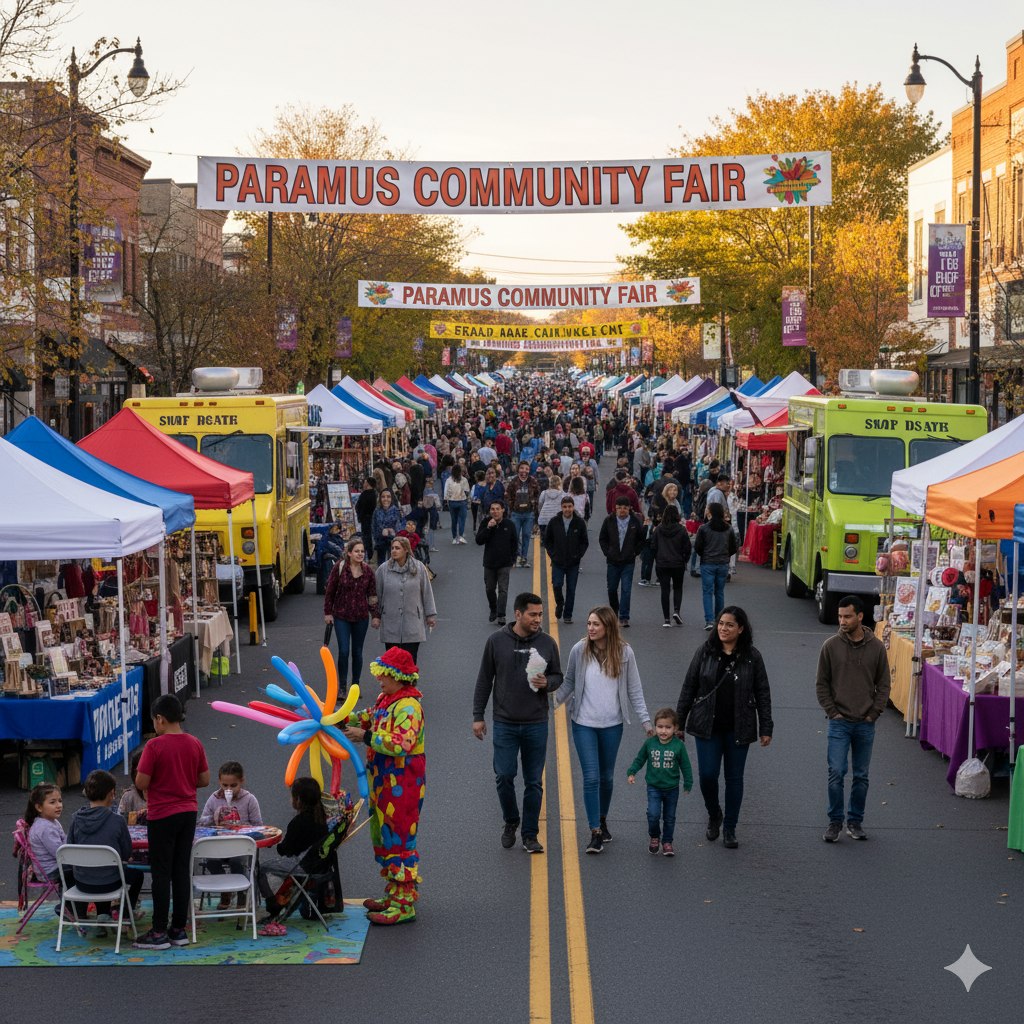 Paramus community fair with families walking through street vendors and food trucks.