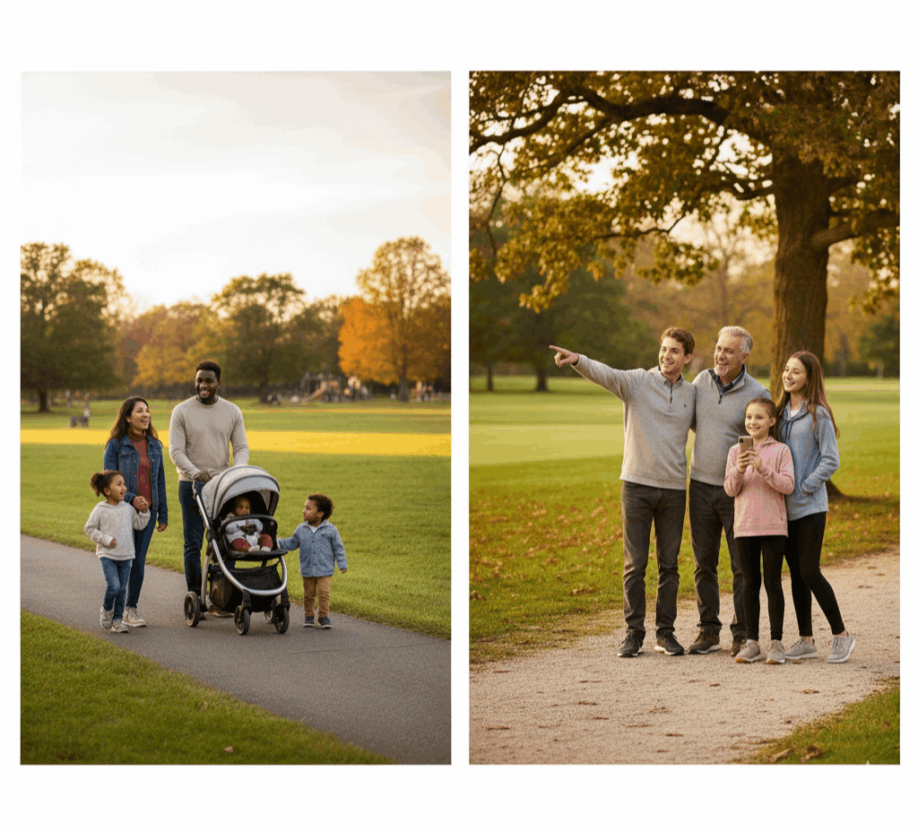 Families enjoying outdoor activities in Paramus NJ parks, showing local lifestyle appeal for homebuyers.