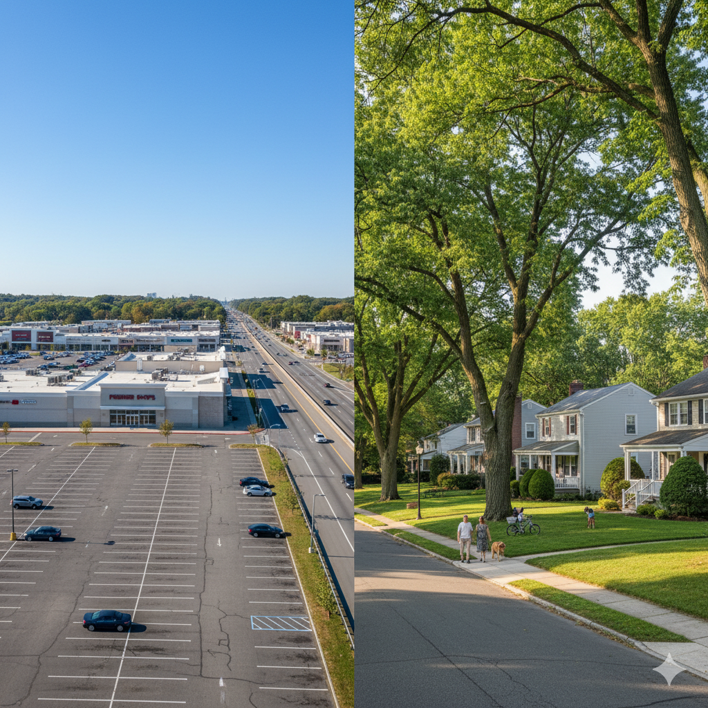 Empty Paramus shopping center parking lot beside a quiet residential street, showing the peaceful Sunday atmosphere created by the Paramus Sunday closing law.
