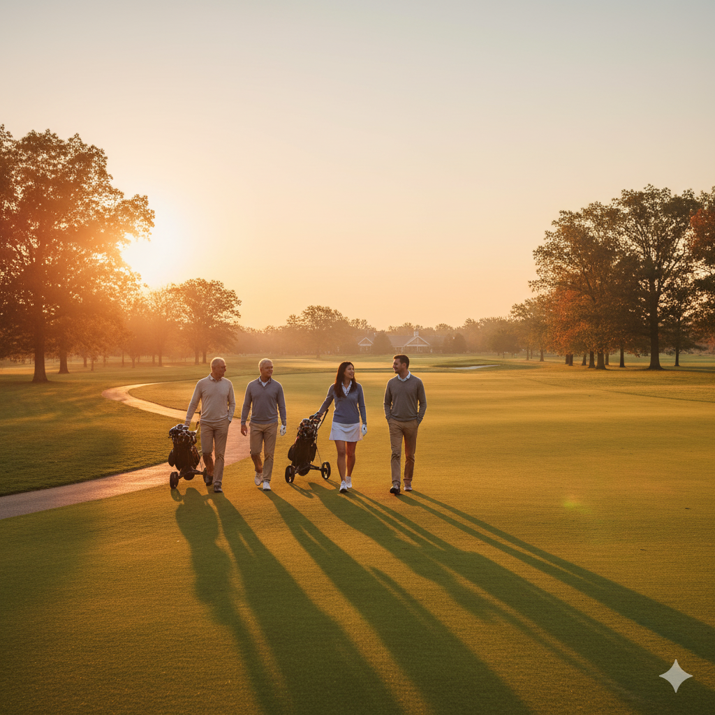 Group of golfers walking the fairway at Paramus Golf Course during a sunset.