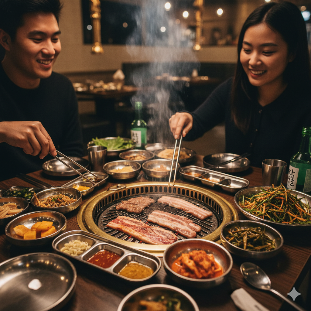 Family or couple enjoying sizzling Korean BBQ and banchan in Paramus.