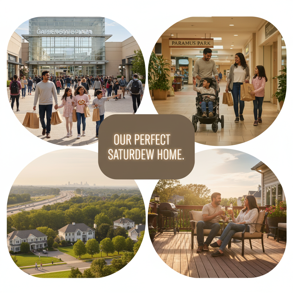 Aerial view of a Paramus, New Jersey suburban neighborhood at golden hour, showing residential homes, lush tree lines, and a large commercial retail center in the midground.