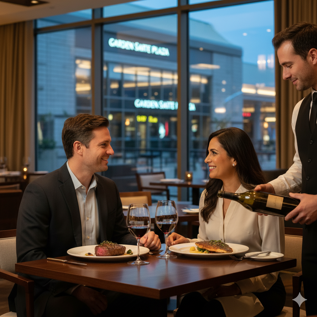 Couple enjoying elegant upscale dining at a restaurant in Paramus, NJ.