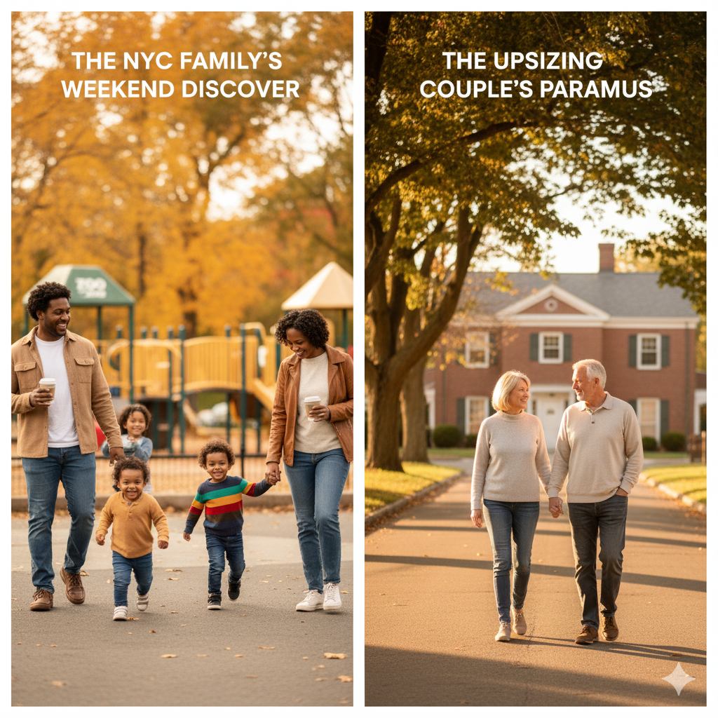 Two families enjoying lifestyle activities in Paramus NJ, including a young family at a playground and an upsizing couple walking through a residential neighborhood.