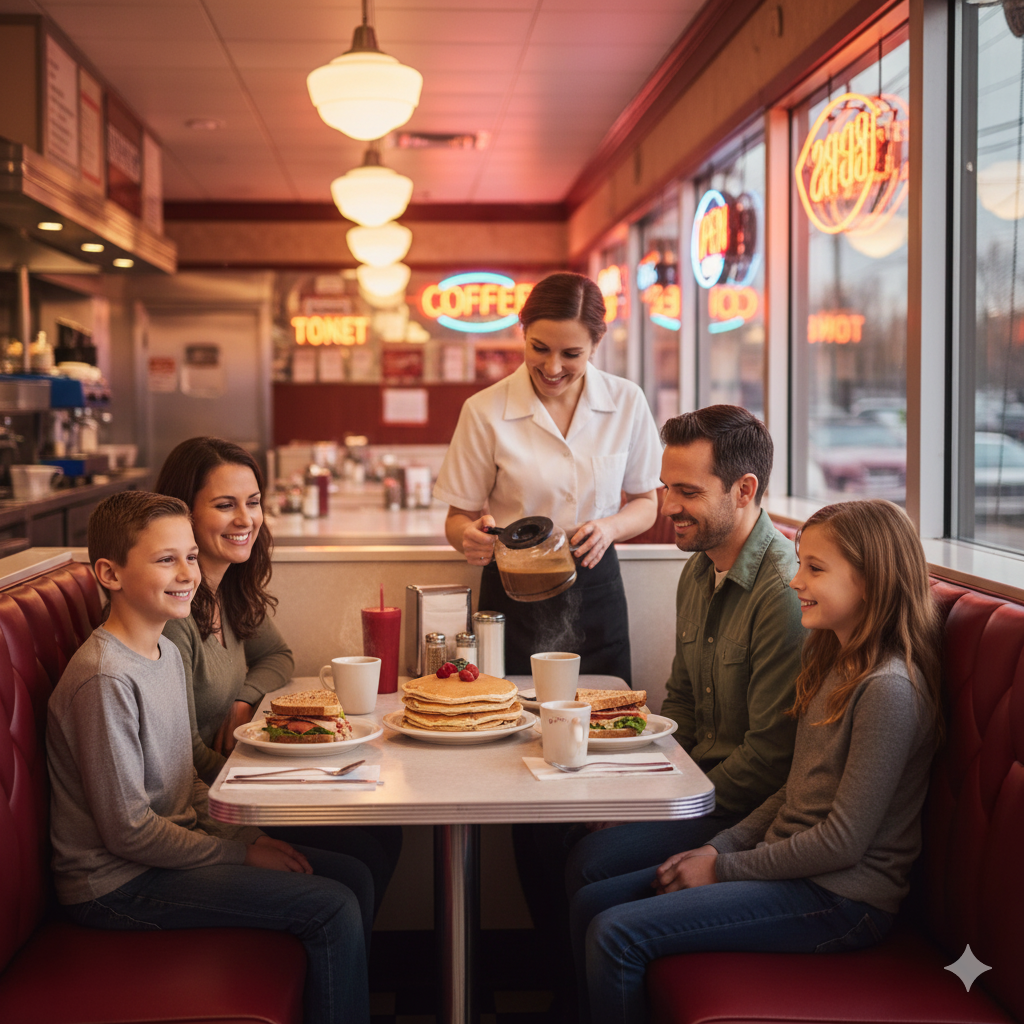 Family enjoying breakfast and coffee inside a classic Paramus NJ diner.