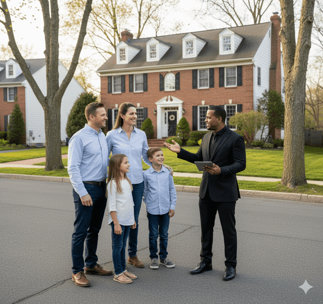 Realtor guiding a family on a home and neighborhood tour in Paramus, NJ.
