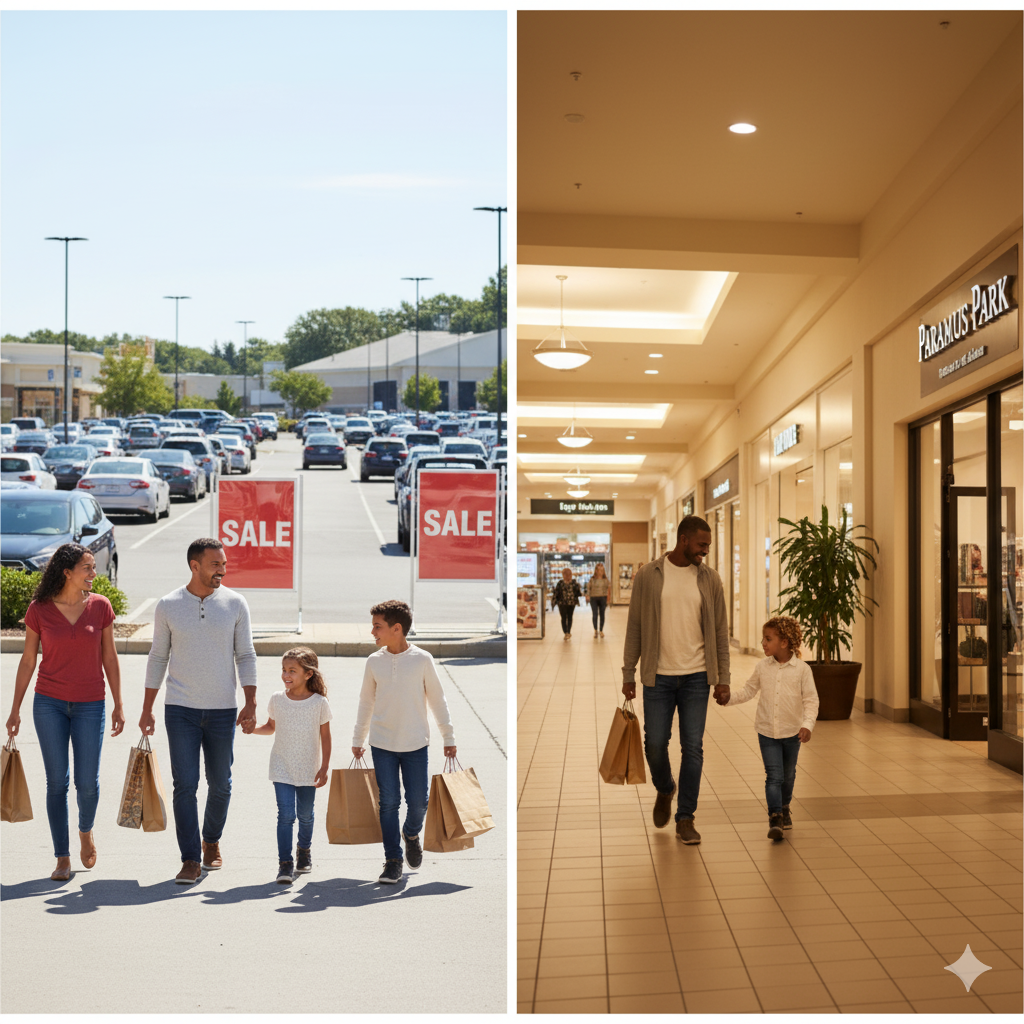 Families shopping at Bergen Town Center and Paramus Park Mall, highlighting value deals and community-friendly retail in Paramus NJ.